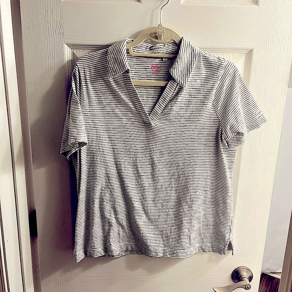 Boden White and Black Striped Polo Shirt